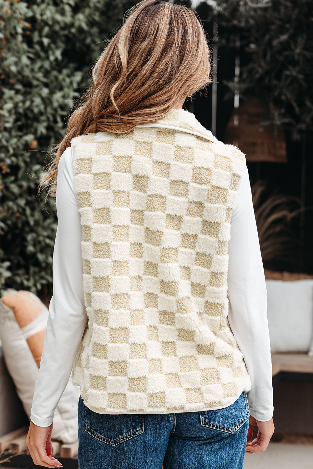 Stevie Sherpa Checkerboard Button Vest With Pocket-1