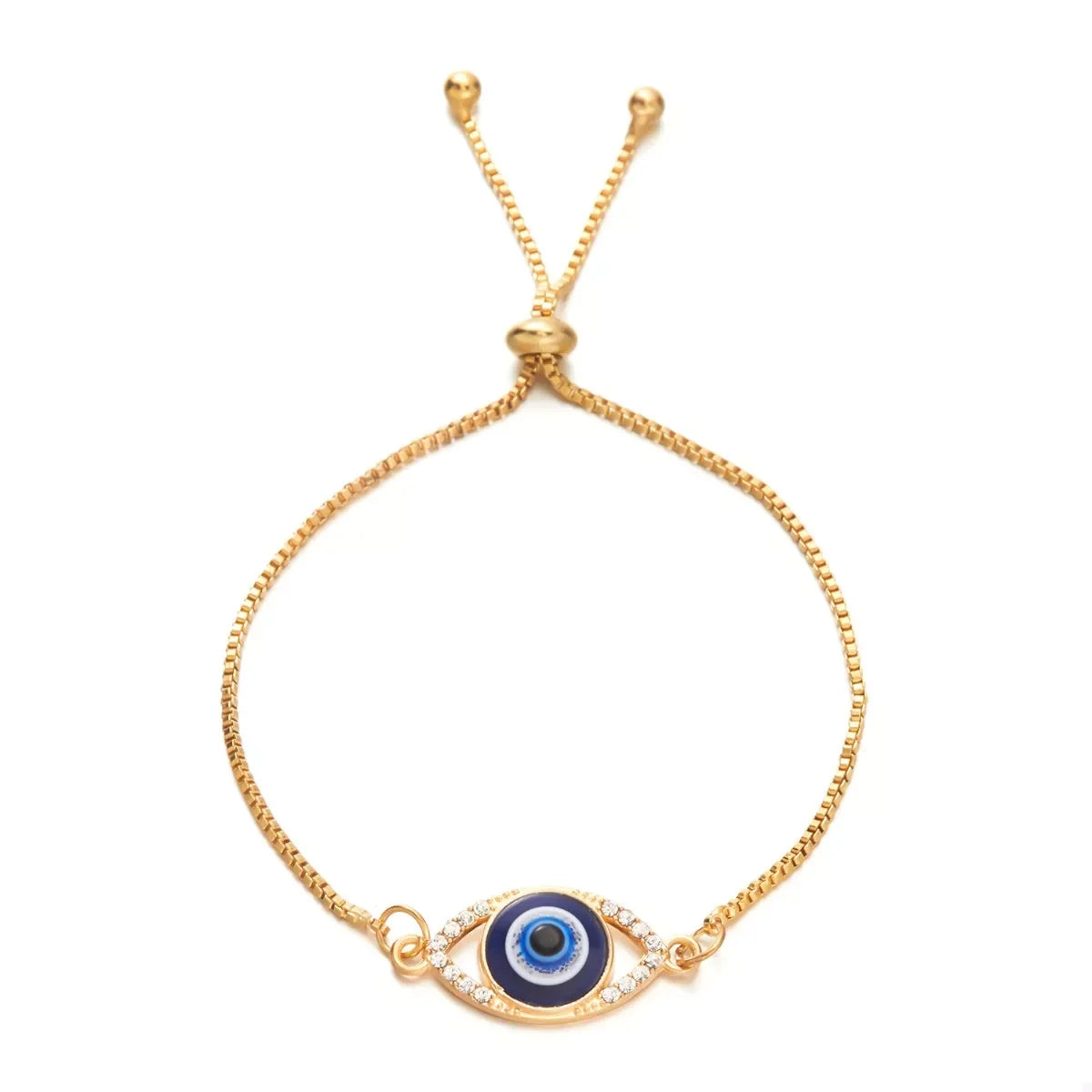 Gold adjustable bracelet with blue evil eye charm and clear crystal accents