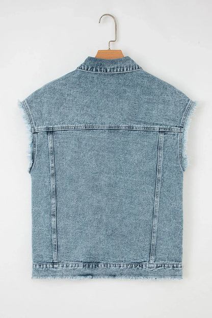 Back view of light blue sleeveless denim vest with raw frayed edges on hanger