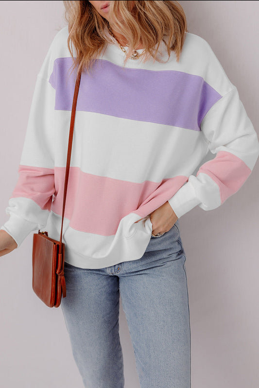 Beige Colorblock Patchwork Drop Shoulder Crewneck Sweatshirt-0