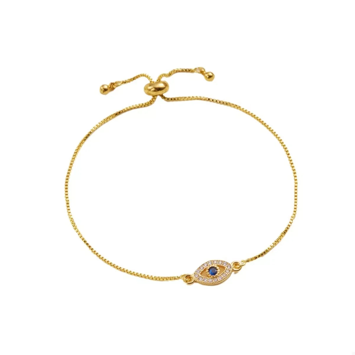 Gold chain bracelet with adjustable clasp and evil eye charm set with clear and dark stones