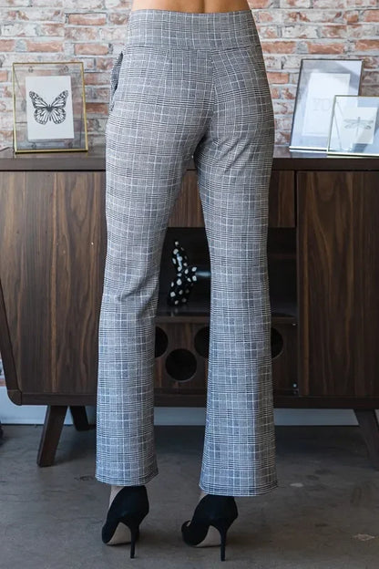 Women's tailored plaid pants with straight leg and high waist, styled with black heels