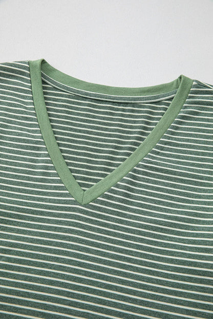 Green and white striped V-neck T-shirt with soft, relaxed cotton fabric closeup