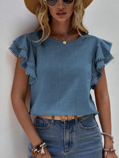 RUFFLE LACE SLEEVE CREW NECK BLOUSE | Laurel & Thread