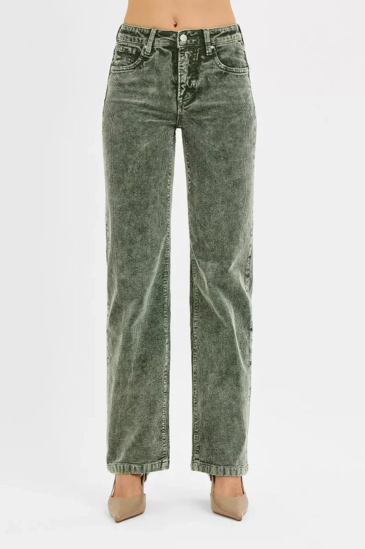 High-waisted sage green corduroy pants with straight leg fit on model