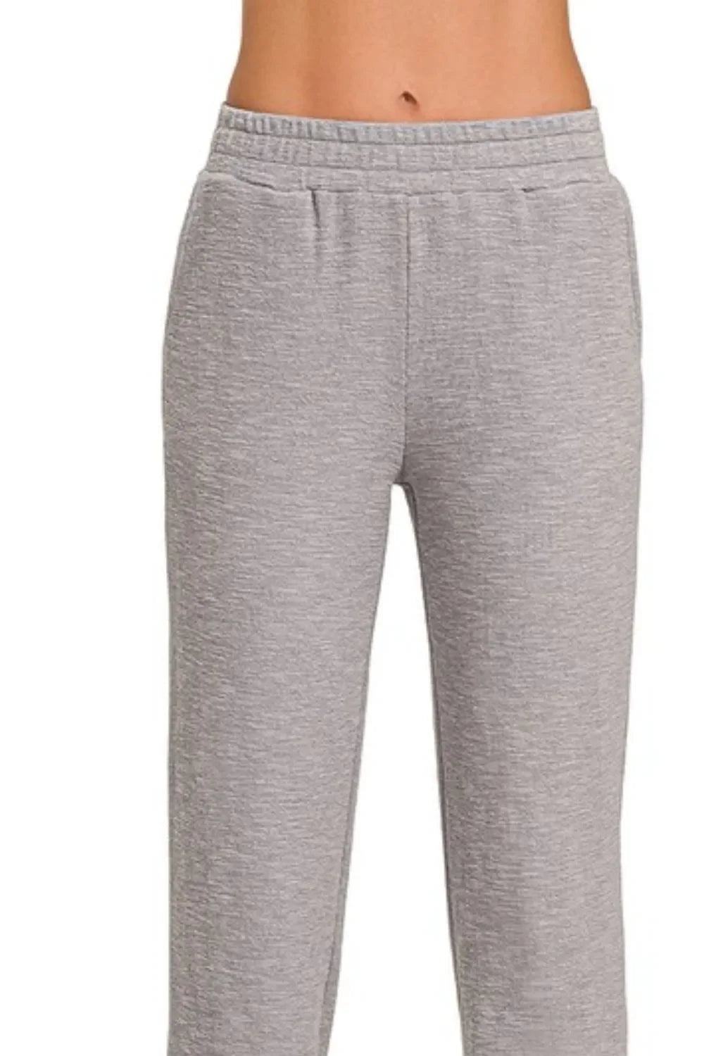 woman wearing light Grey Zenana Cotton Slub Jogger Pants with elastic waistband