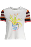 White women's short sleeve t-shirt with colorful striped sleeves and a flower pot graphic.