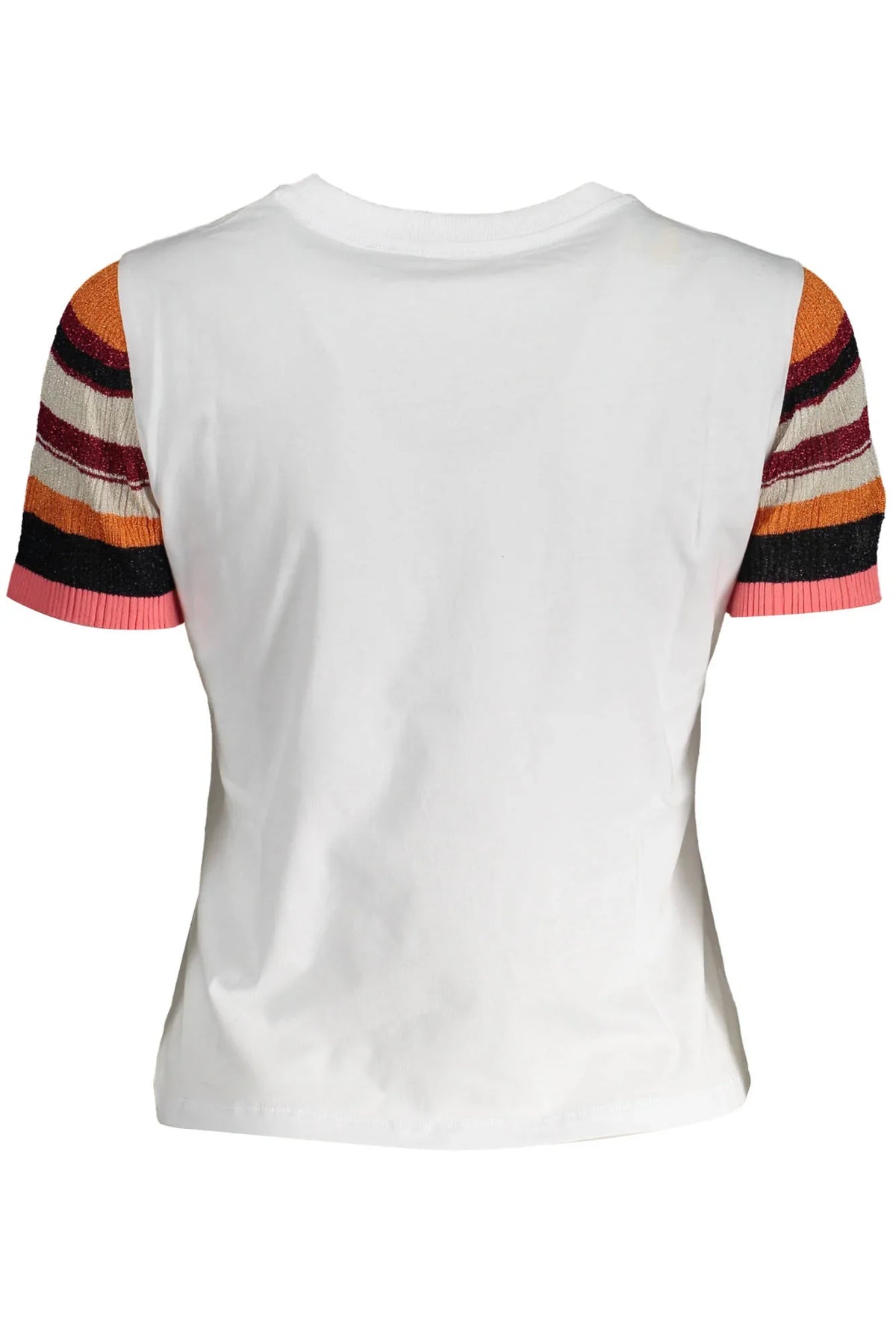 White short sleeve women's t-shirt with multicolor striped knit sleeves, back view