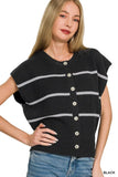 Woman wearing a black ribbed knit button-up vest with white horizontal stripes and blue jeans