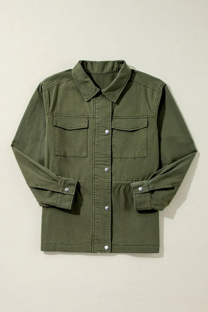 Olive green utility jacket with button front and chest flap pockets, laid flat on light background.