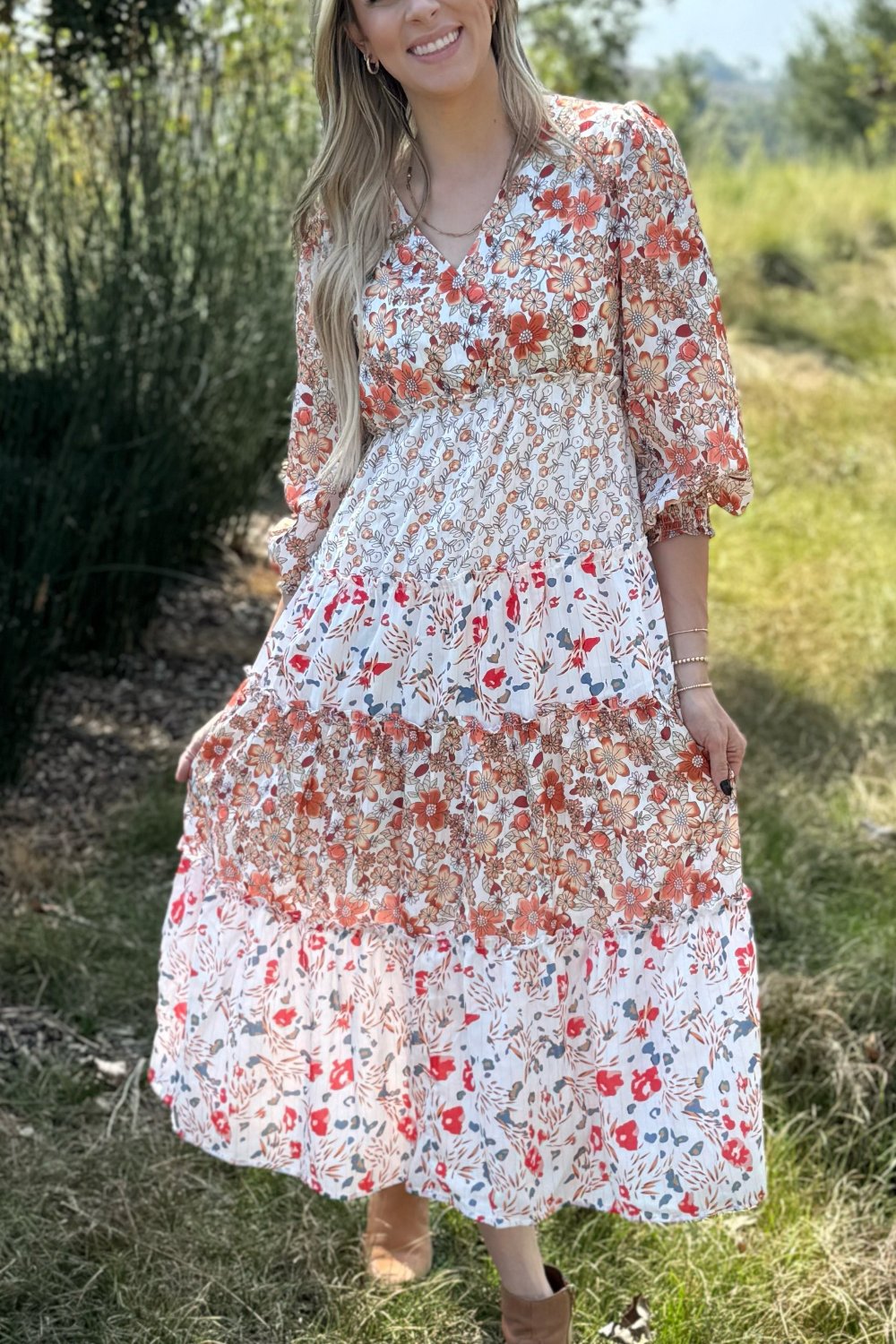 Lily Floral Ruffled Tiered Midi Dress-0