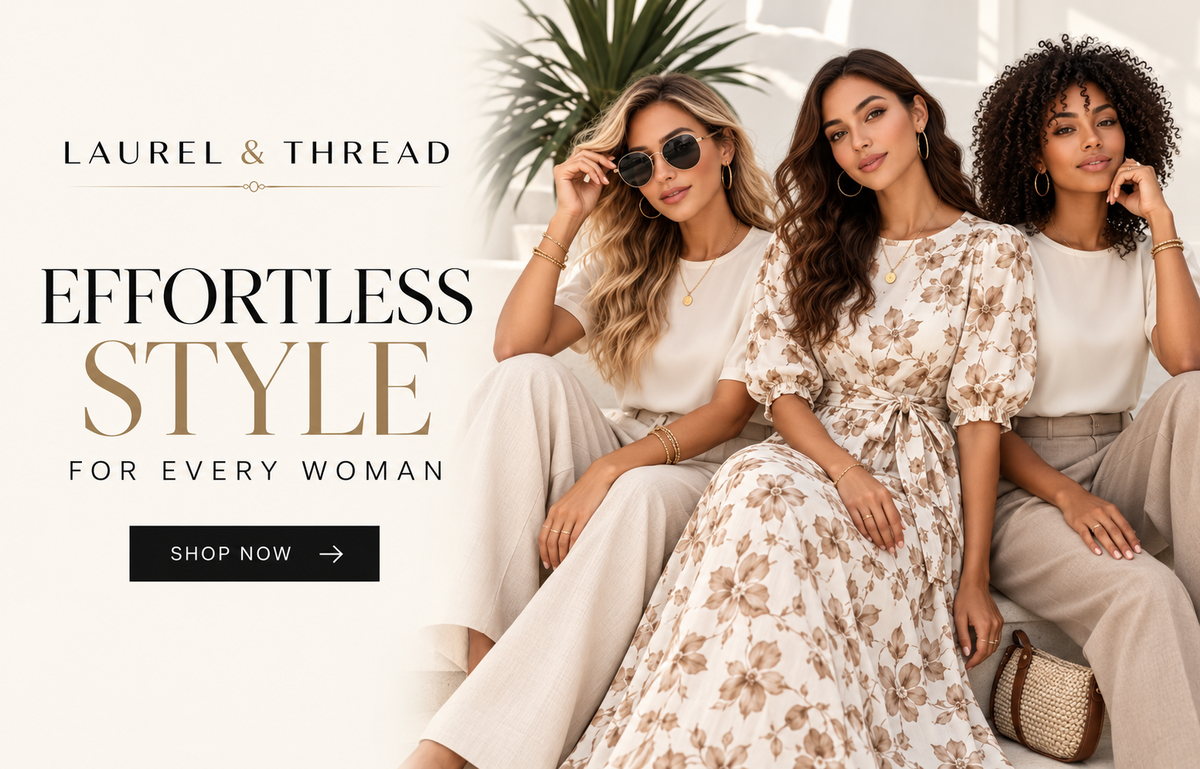 Three women sitting together in a bright indoor setting, wearing neutral-toned clothing from Laurel & Thread. The center woman wears a cream dress with a brown floral pattern and puff sleeves, while the others wear white and beige outfits.