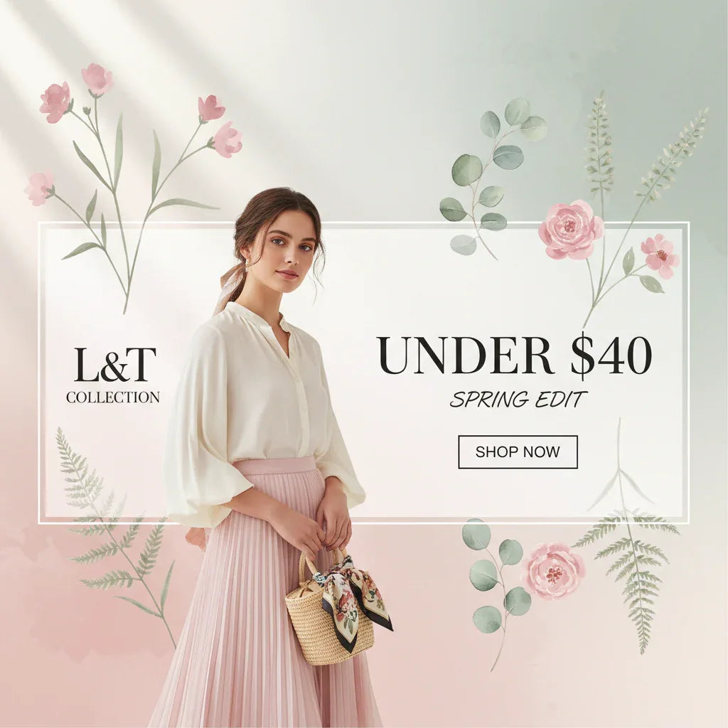 Woman in a white blouse and pink skirt with floral decorations and text overlay on a light background