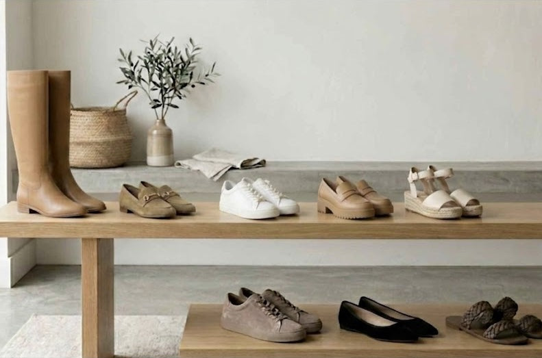 Collection of shoes displayed on a wooden bench against a neutral background